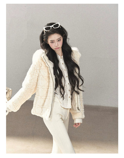 AOMALM - Cloud White Rabbit Fur Cropped Coat