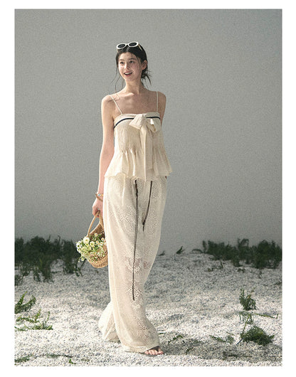 “Breeze Over Pleats” Cream Ribbon Camisole Top