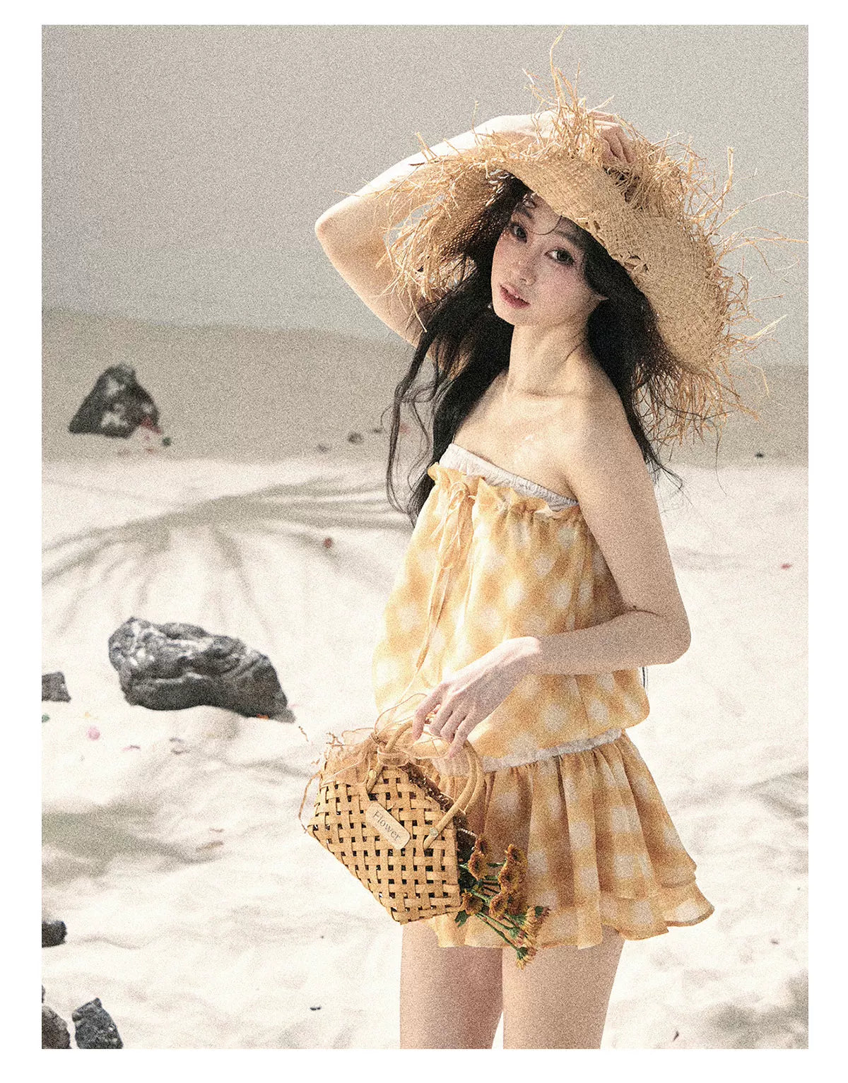 "Breeze Upon the Waves" Cheese Yellow Off-Shoulder Diamond Quilted Mini Dress