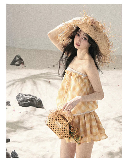 "Breeze Upon the Waves" Cheese Yellow Off-Shoulder Diamond Quilted Mini Dress
