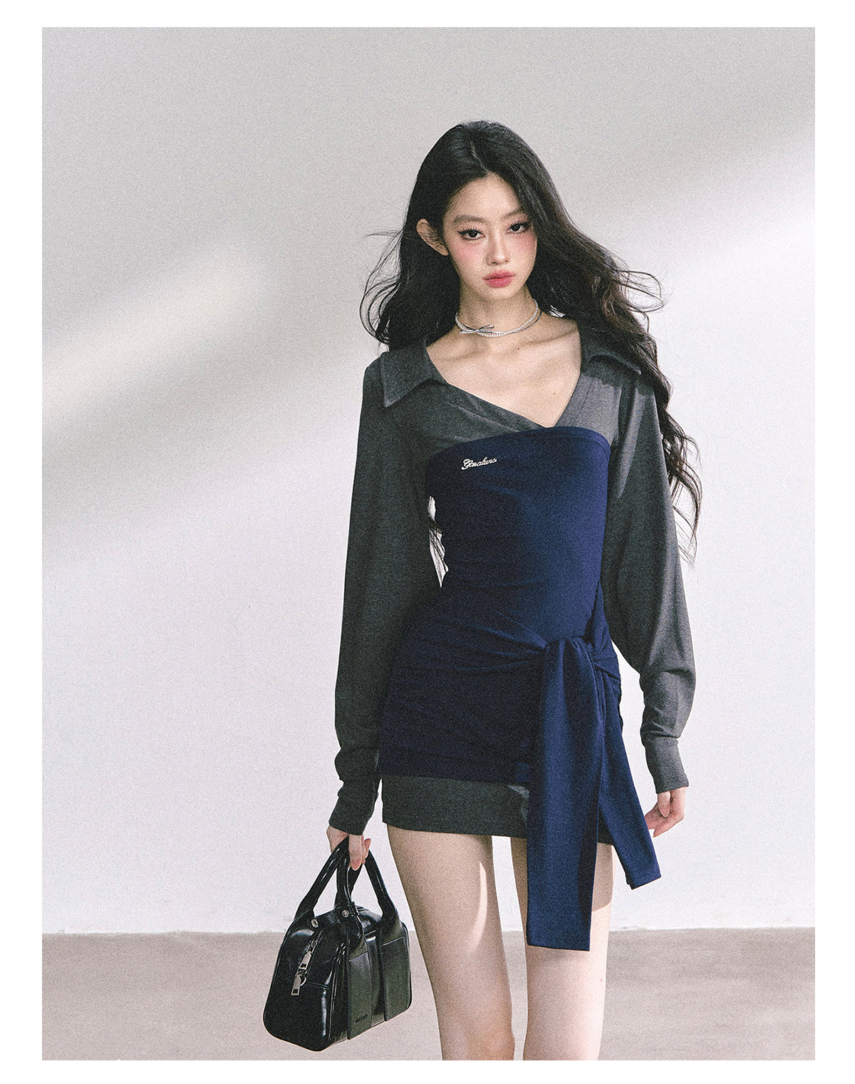 少也眼 “Campus Rebel" Checkered Bodycon Mini Dress - Navy Blue 514354