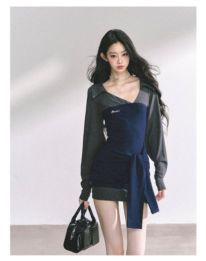 少也眼 “Campus Rebel" Checkered Bodycon Mini Dress - Navy Blue 514354