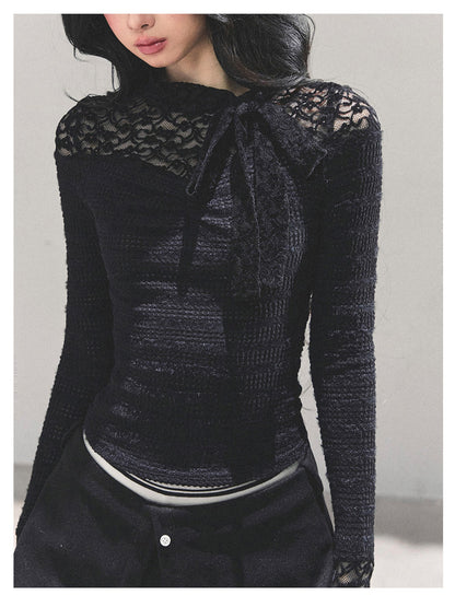 少也眼 “Monochrome Whispers" Lace Long-Sleeve Top - Black