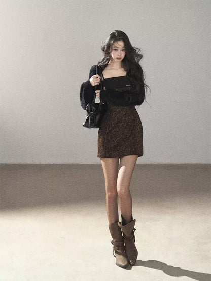 AOMALM - "Wildland Reverie" Slate Brown Leopard Print Fitted Cami Dress & Obsidian Black Shawl