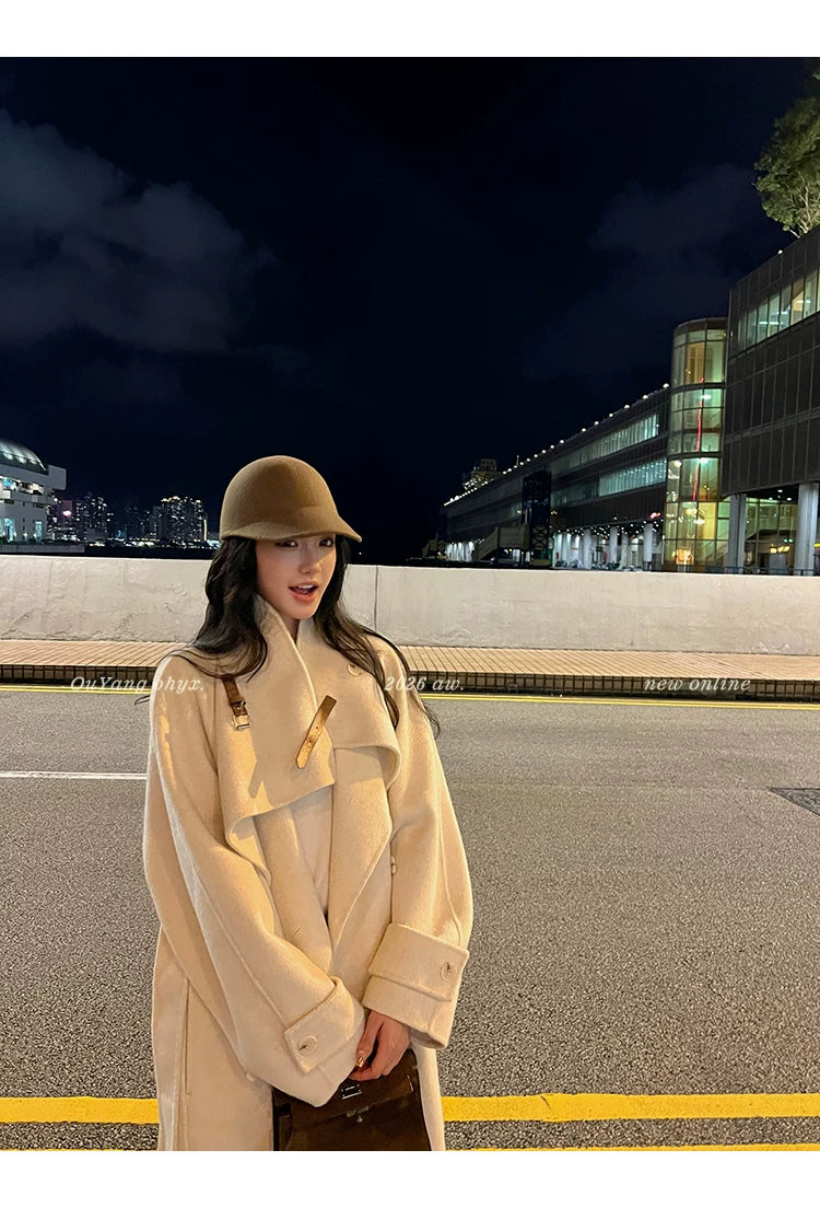 QuQuOuYang - 100% Wool Double-Face Belted Coat with Convertible Collar