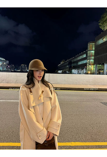 QuQuOuYang - 100% Wool Double-Face Belted Coat with Convertible Collar