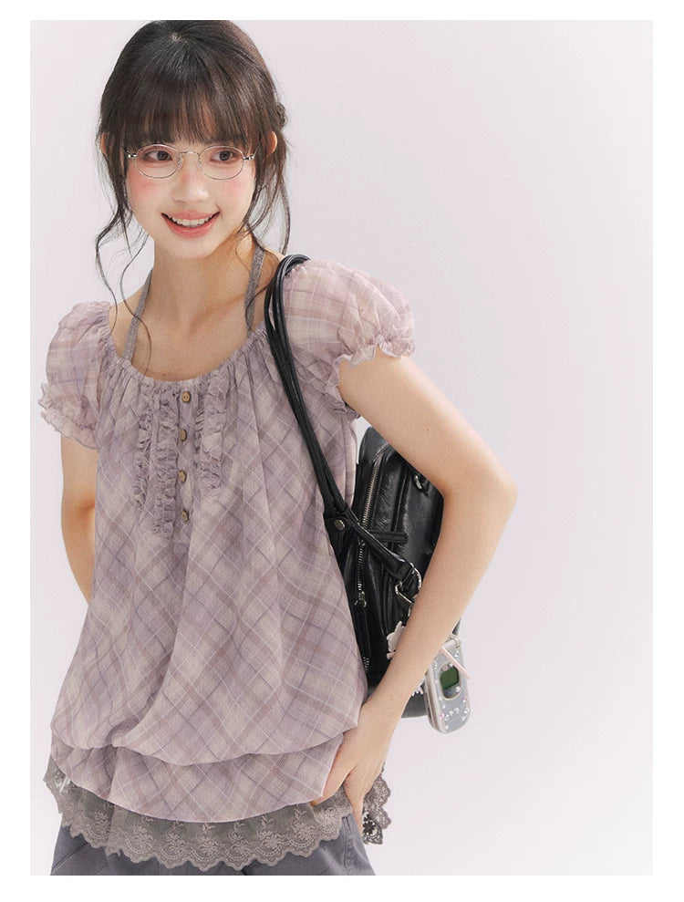 “Misty Plum Plaid” Gray-Purple Plaid Lace Trim Halter Top