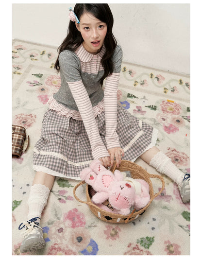 [RF] Floral Gray Pink Faux Two-Piece Striped Layered Blouse with Peter Pan Collar