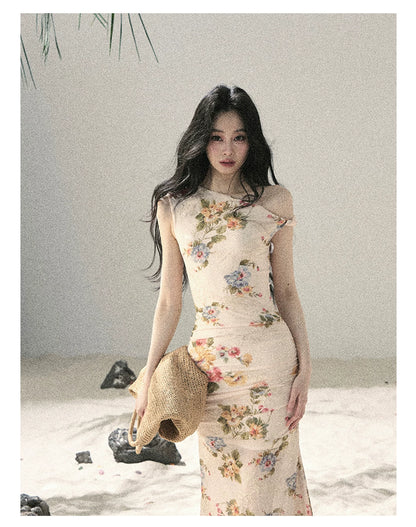 "Waiting for Blossoms" Dutch Cream Floral Mermaid Maxi Dress 43236