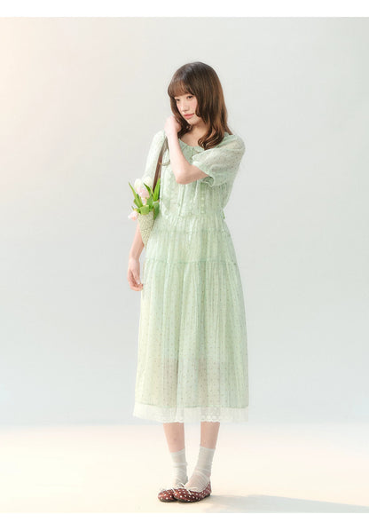 "Hyacinth Ballad" Sage Green Polka Dot Tiered Dress LL2026210