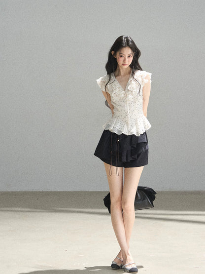 "Falling Into the Galaxy" Cream Ivory Polka Dot Chiffon Blouse