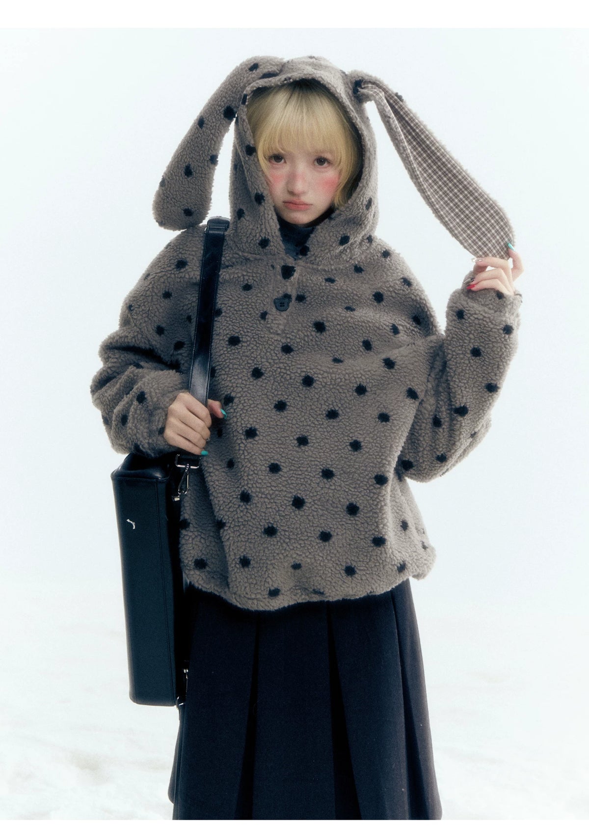 Horridale - Pink Black Polka Dot Sherpa Fleece Hoodie with Bunny Ears