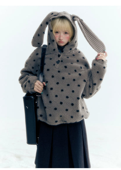 Horridale - Pink Black Polka Dot Sherpa Fleece Hoodie with Bunny Ears