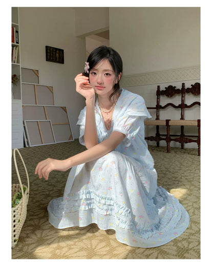 “Blue Blossom Chronicle” Ice Blue Floral Skirt Set