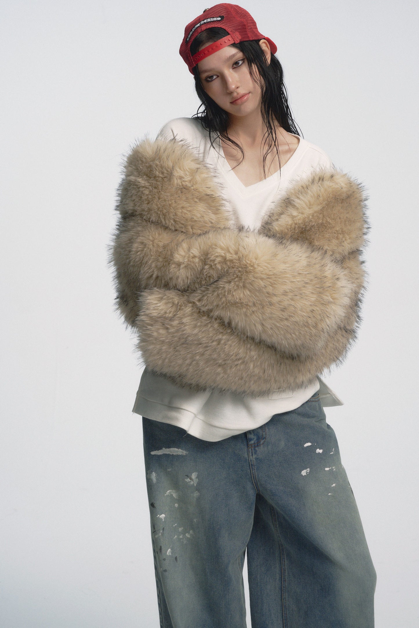 Muirgen - Y2K Tipped Faux Camel Hair Shawl Cropped Jacket