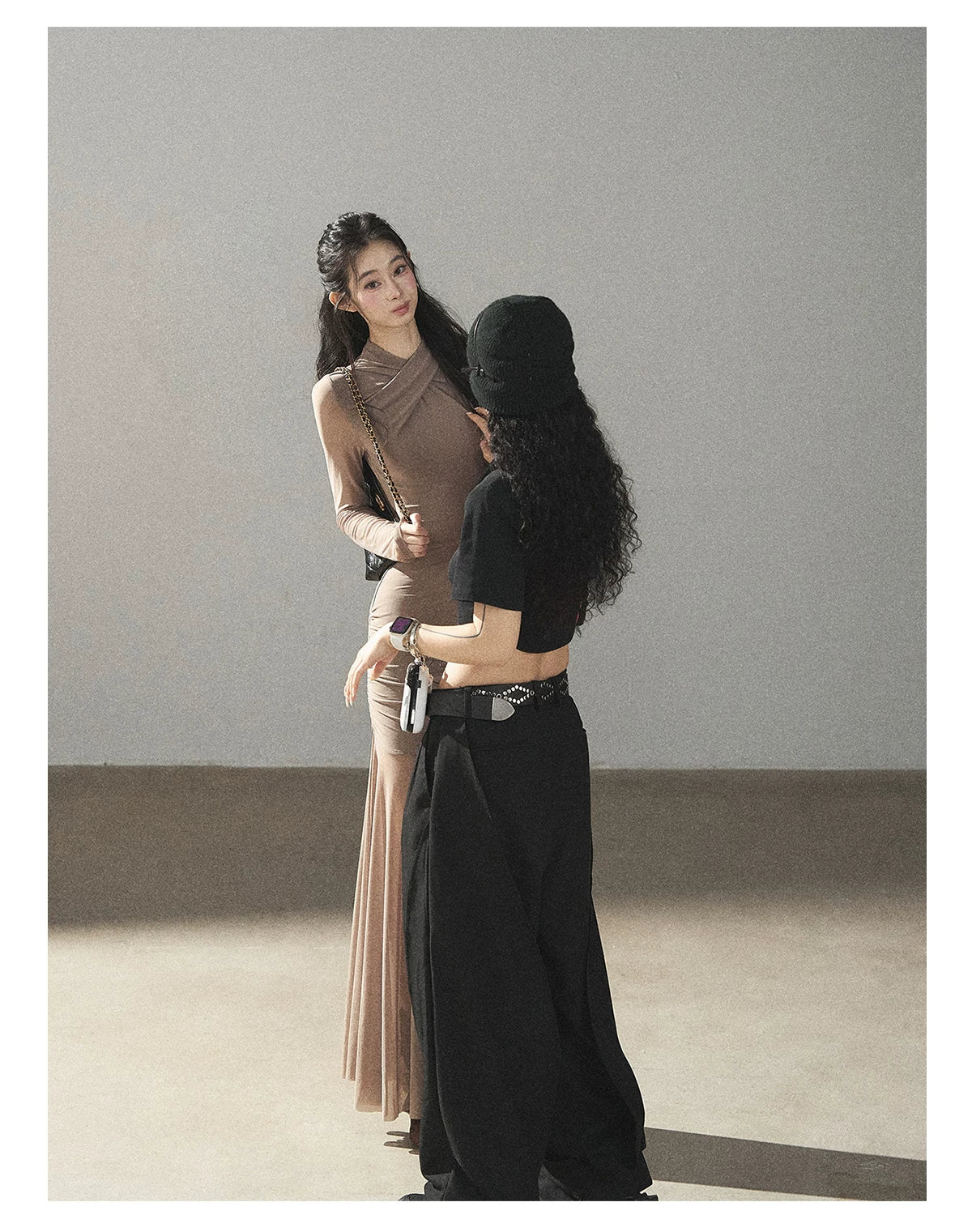 AOMALM - Milk Tea Ruched Mesh Mermaid Maxi Dress