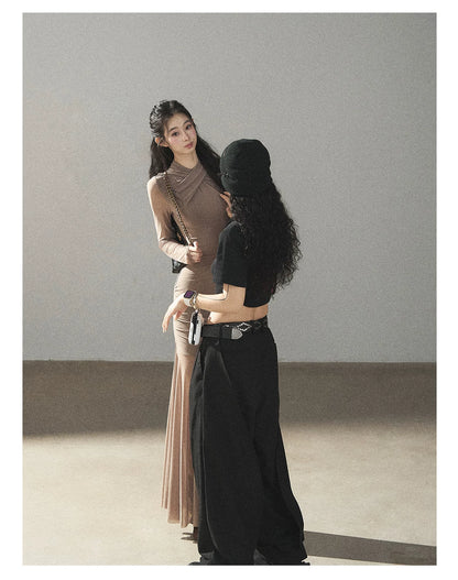 AOMALM - Milk Tea Ruched Mesh Mermaid Maxi Dress