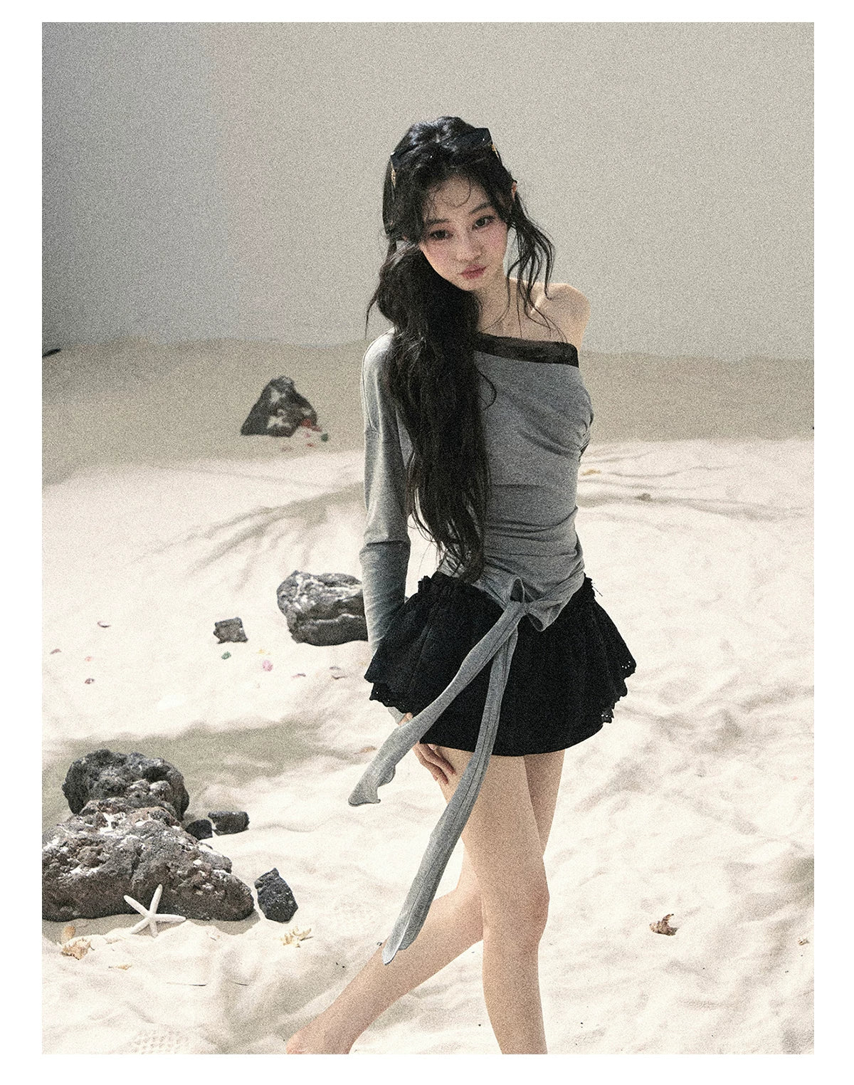 "Free Spirit" Moon Mist Gray Faux-Layer One-Shoulder Lace Top