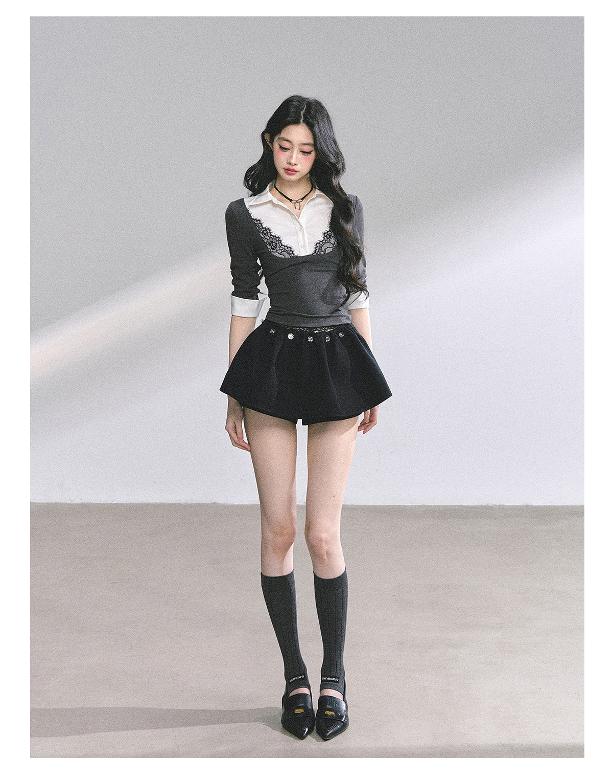 少也眼 "High-IQ Muse" Lace-Layered Polo Tee 76546315