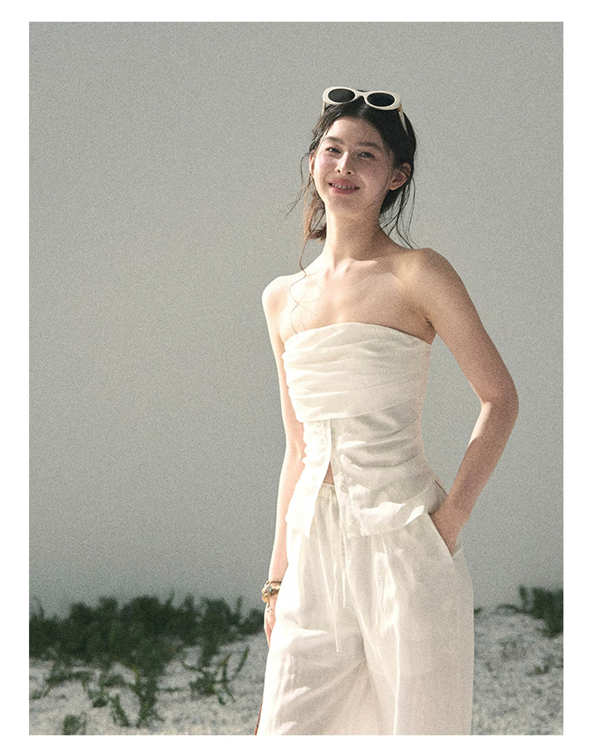 “Breath Across the Shoulders” Natural Beige Layered Bustier Top & Wide-Leg Trousers