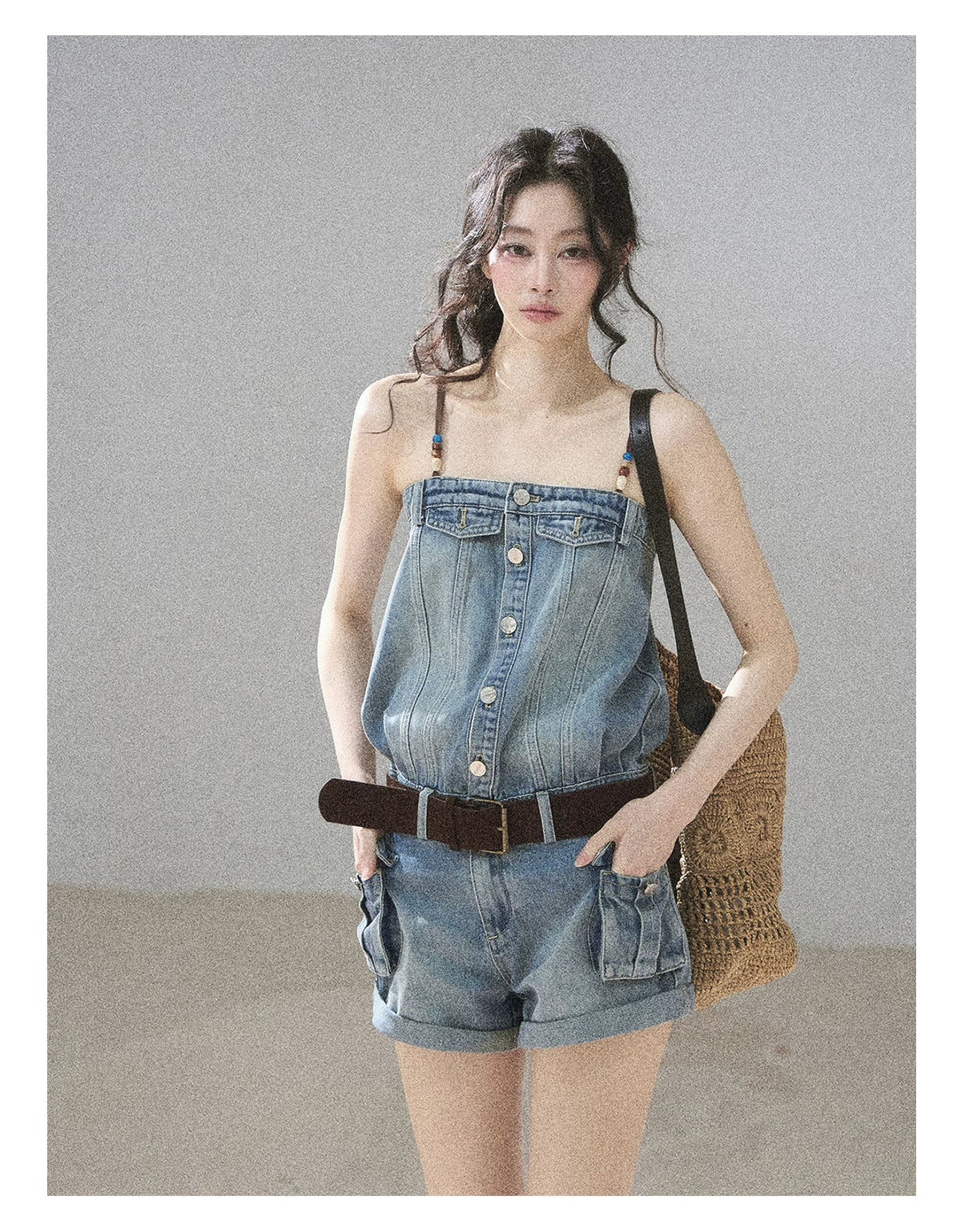 "A Walk by the Sea" Collegiate Blue Denim Utility Romper (With Belt)