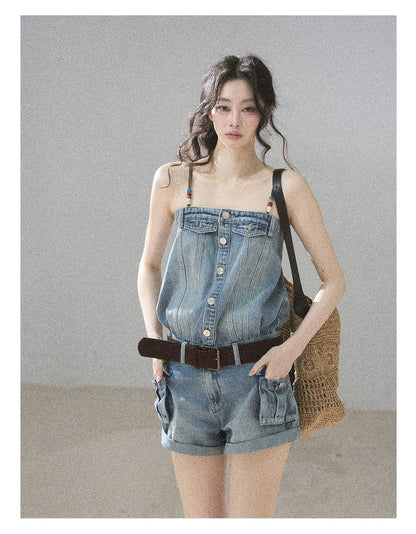 "A Walk by the Sea" Collegiate Blue Denim Utility Romper (With Belt)