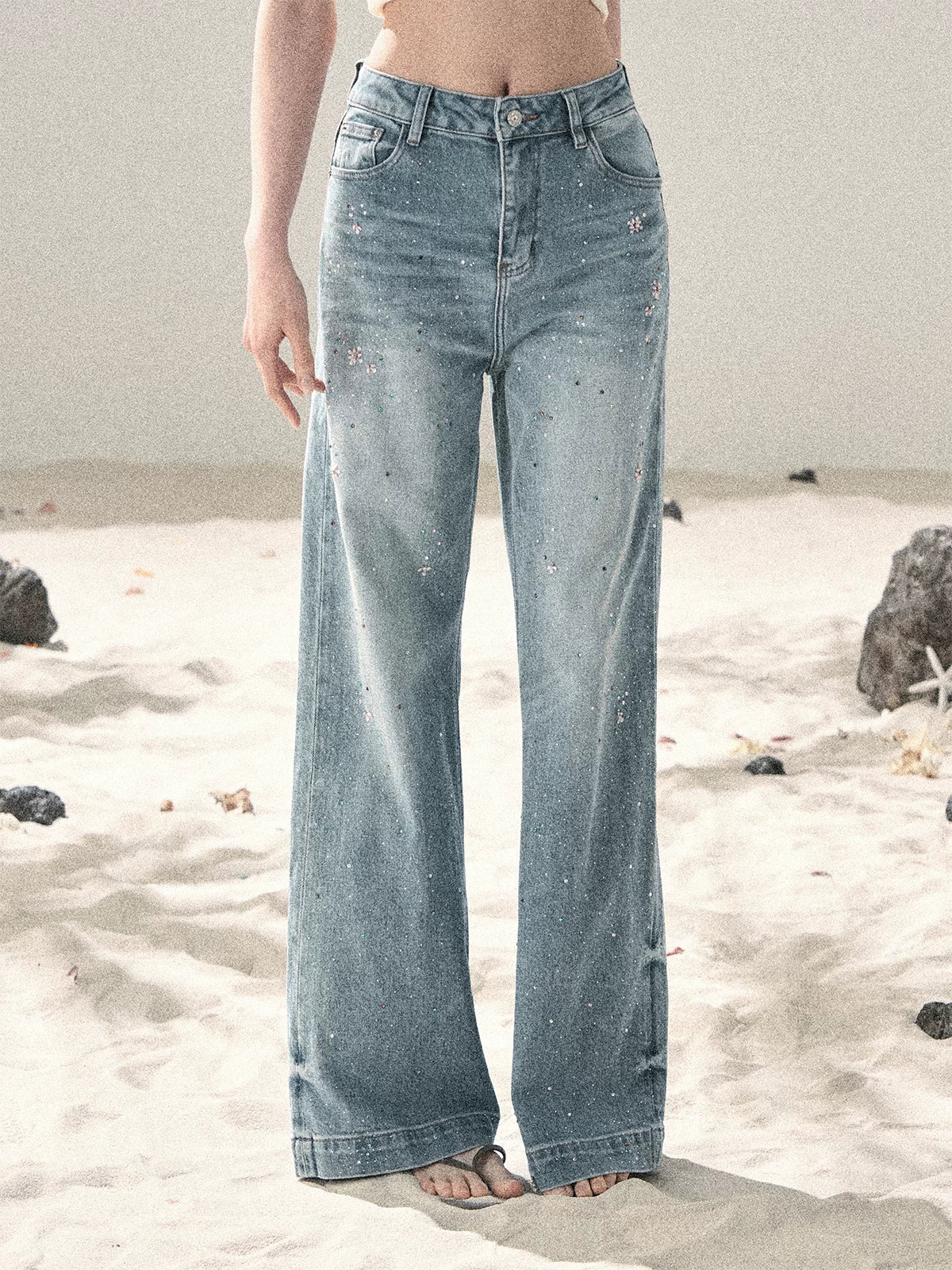 "Starlit River Shimmer" Distant Sky Blue Rhinestone Wide-Leg Jeans 65633