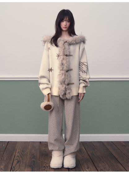 Soote Season - Hooded Star Jacquard Knit Cardigan with Faux Fur Collar - Cream White