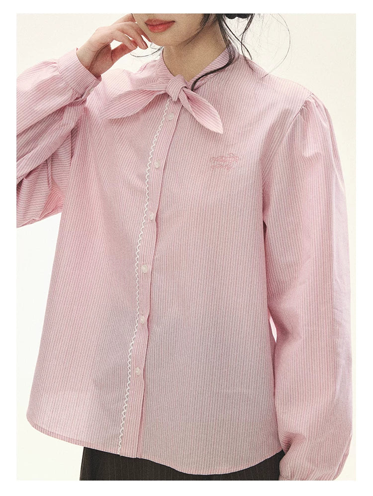 "Blush Poetry" Pink Stripe Cotton Bow Blouse