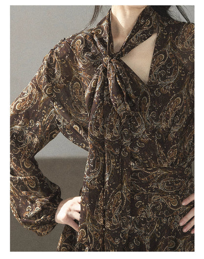 "Wait for a Tree of Blossoms" Cocoa Brown French Long-Sleeve Chiffon Dress (+ Camisole)