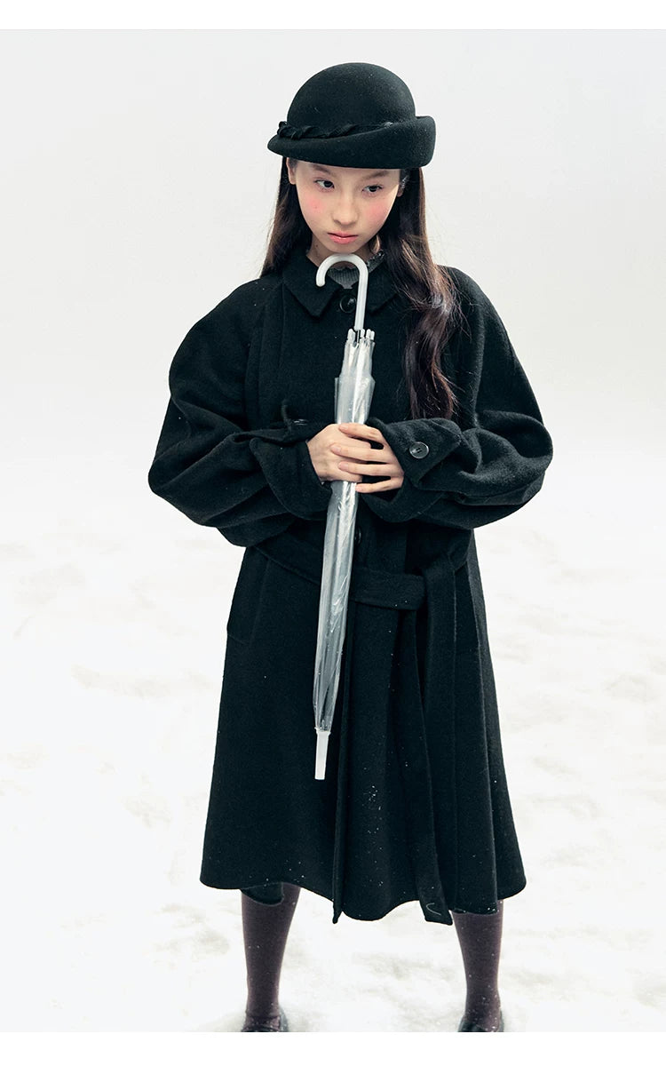 "Black & White Waltz" Hand-Stitched Wool-Blend Swing Coat (Ivory/ Black)