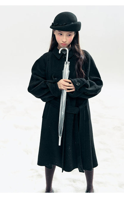 "Black & White Waltz" Hand-Stitched Wool-Blend Swing Coat (Ivory/ Black)
