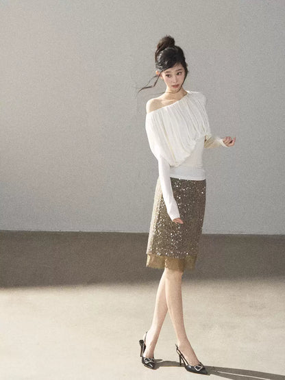 AOMALM - Creamy Ivory Asymmetric Ruched Off-Shoulder Long Sleeve Top