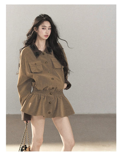 AOMALM - Gray-Brown PU Jacket and High-Waisted Shorts Set