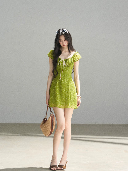 "Emerald Breeze" Primrose Green Floral Chiffon Mini Dress