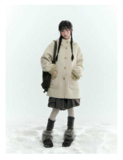 Horridale - Moss Green and Cream Reversible Hooded Wool Coat