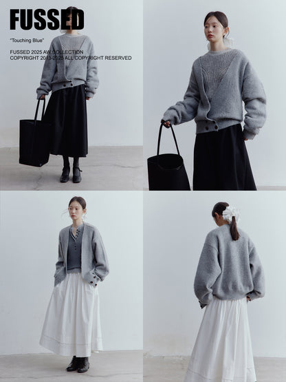 FUSSED Lazy Furry Mist Gray Wool & Mohair V-Neck Cardigan FOF-25SS177