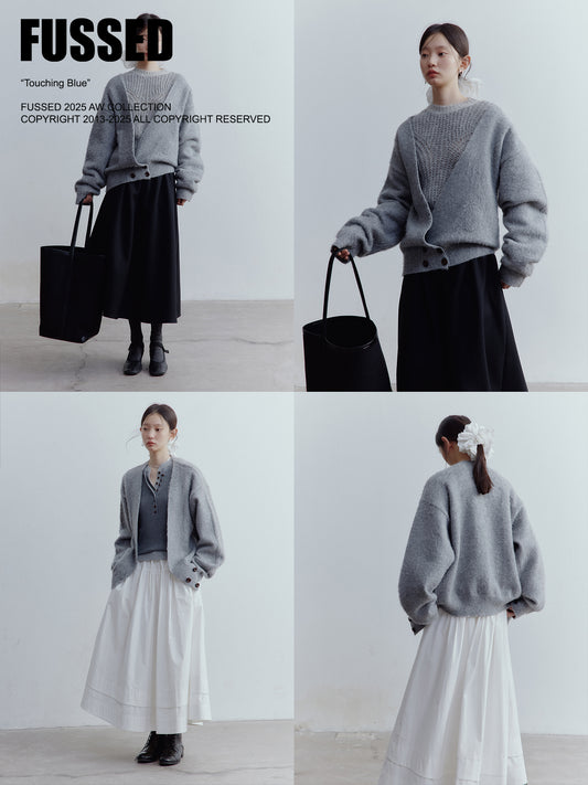 FUSSED Lazy Furry Mist Gray Wool & Mohair V-Neck Cardigan FOF-25SS177
