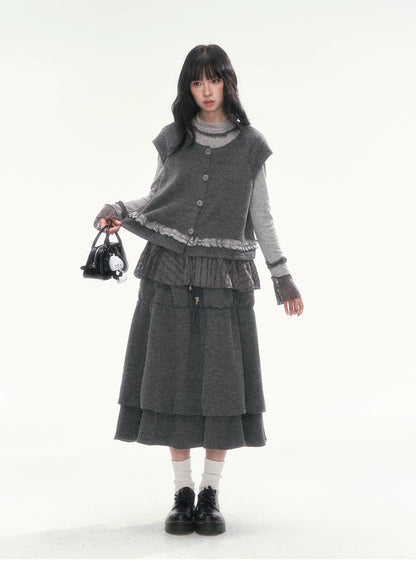[CAN] Dark Gray Tiered Wool-Blend Midi Skirt