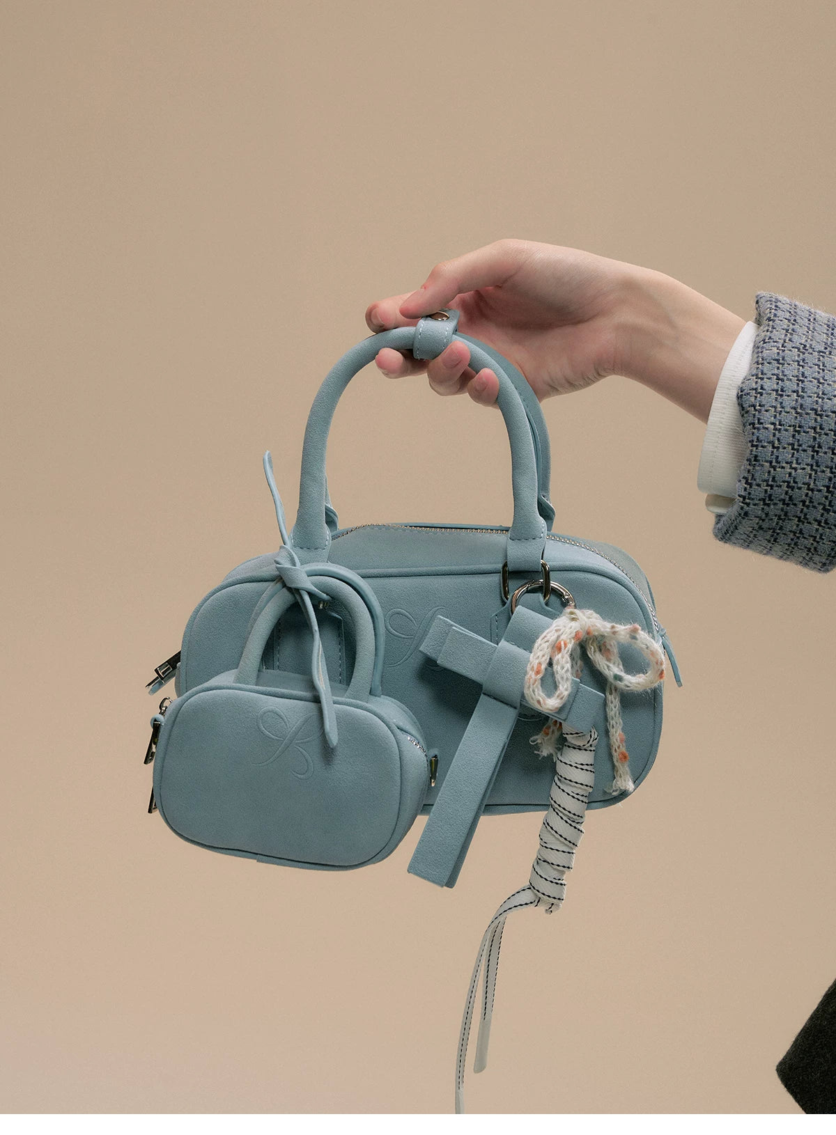 SunsetPark - Suede Bow Boston Handbag (Red / Brown / Floral / Blue / Pink)