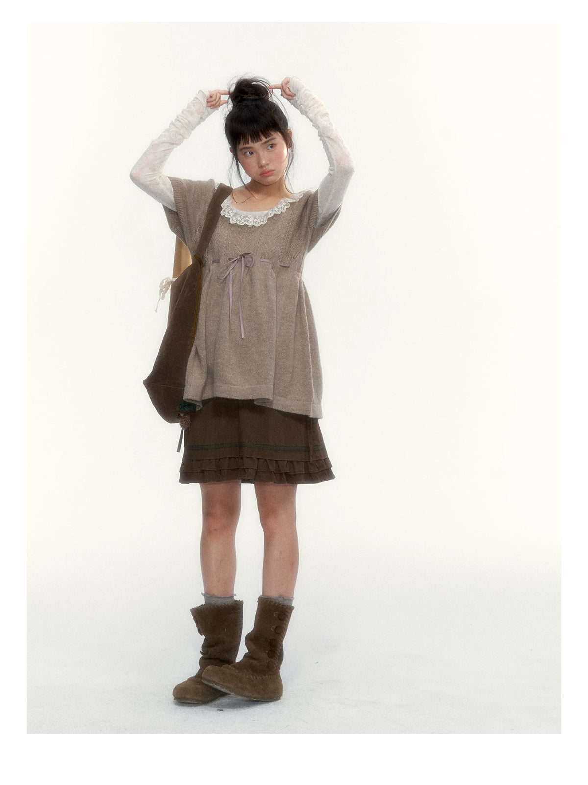 “Cloud Pleats” Chestnut Mist U-Neck Bow-Tie Puff Sleeve Knit Sweater
