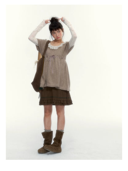 “Cloud Pleats” Chestnut Mist U-Neck Bow-Tie Puff Sleeve Knit Sweater