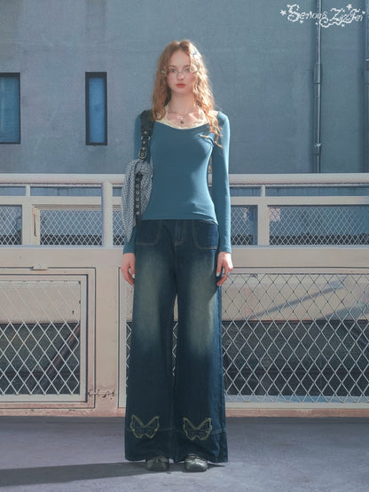 ZiziFei - Y2K Layered Long Sleeve Tee – Teal Fitted Top with Lace-Trim Camisole Detail