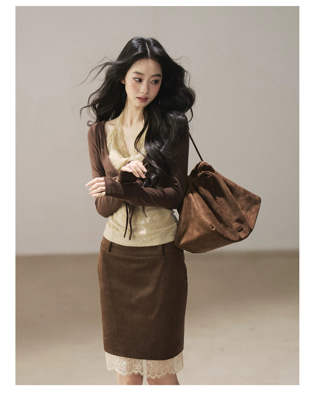 AOMALM - "Tender in This Moment" Rich Cocoa Faux Two-Piece Lace Top