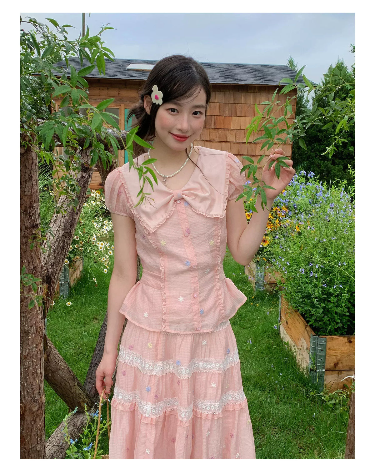 [RF] “Whispered Dream” Pink Bow Lace Tiered Skirt Two-Piece Set