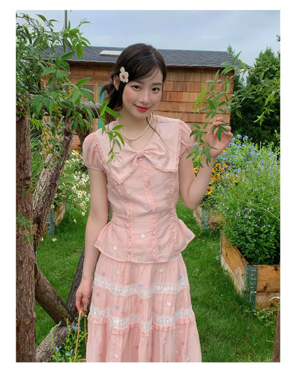 [RF] “Whispered Dream” Pink Bow Lace Tiered Skirt Two-Piece Set