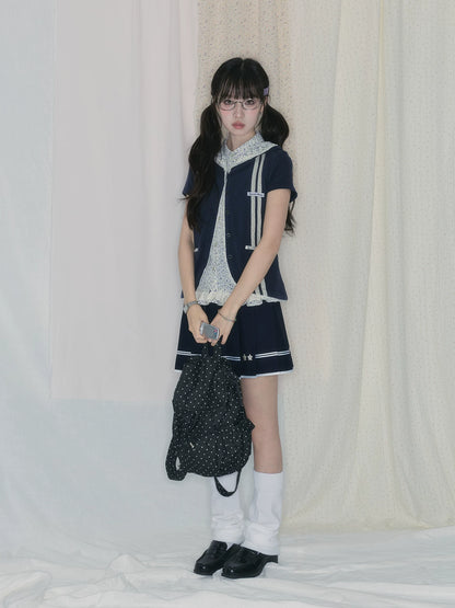 "Midnight Blossom" Vintage Floral Collection (Sleeveless Blouse / Hooded Cardigan / Box Pleated Skirt)