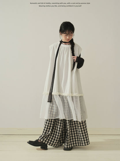 "Floating Veil" Mesh Panel Layering Maxi Dress (Black / White)
