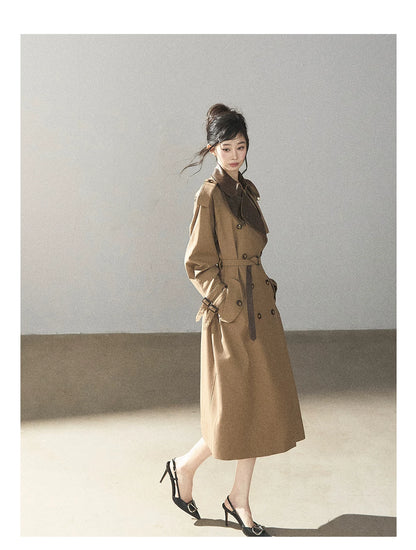 AOMALM - Chestnut Brown Long A-Line Trench Coat with Belt