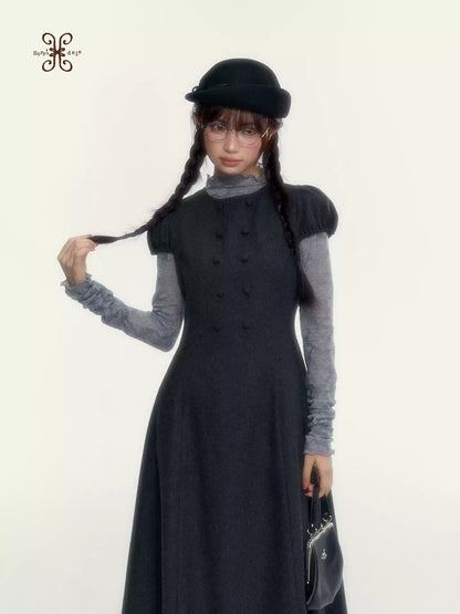 Vintage Double-Breasted Wool Dress & Knit Fringe Cape Set